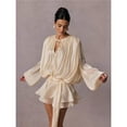 thumbnail image 4 of Elegant Ruffle Short Dress for Women Pleated Lantern Long Sleeve Lace Up Tie Waist Bohemian Beach Dresses L, 4 of 8
