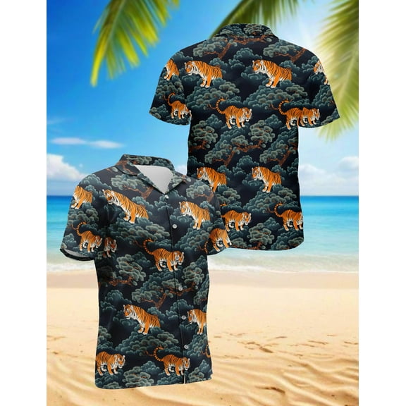 Tiger Pattern Hawaiian Shirt for Men, Button Down Summer Beach Short Sleeve, Sizes S-5XL