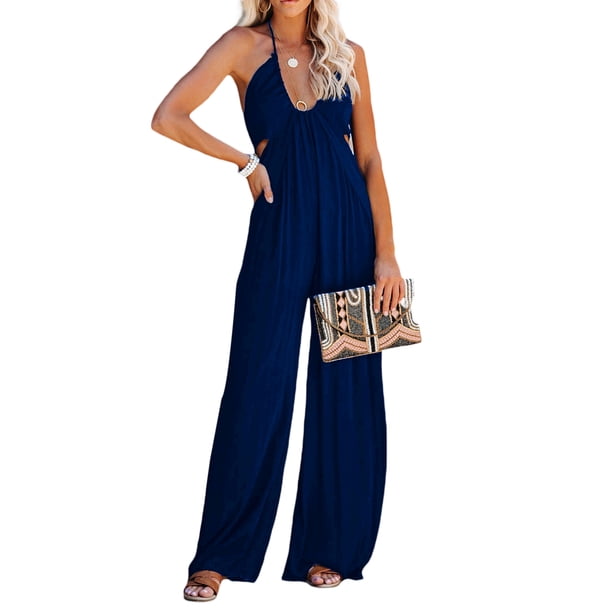 TRKIYQC Mujeres Casual Halterneck Mono Color sólido Verano Sin mangas Sin espalda Pierna ancha Romper Clubwear TRKIYQC perder