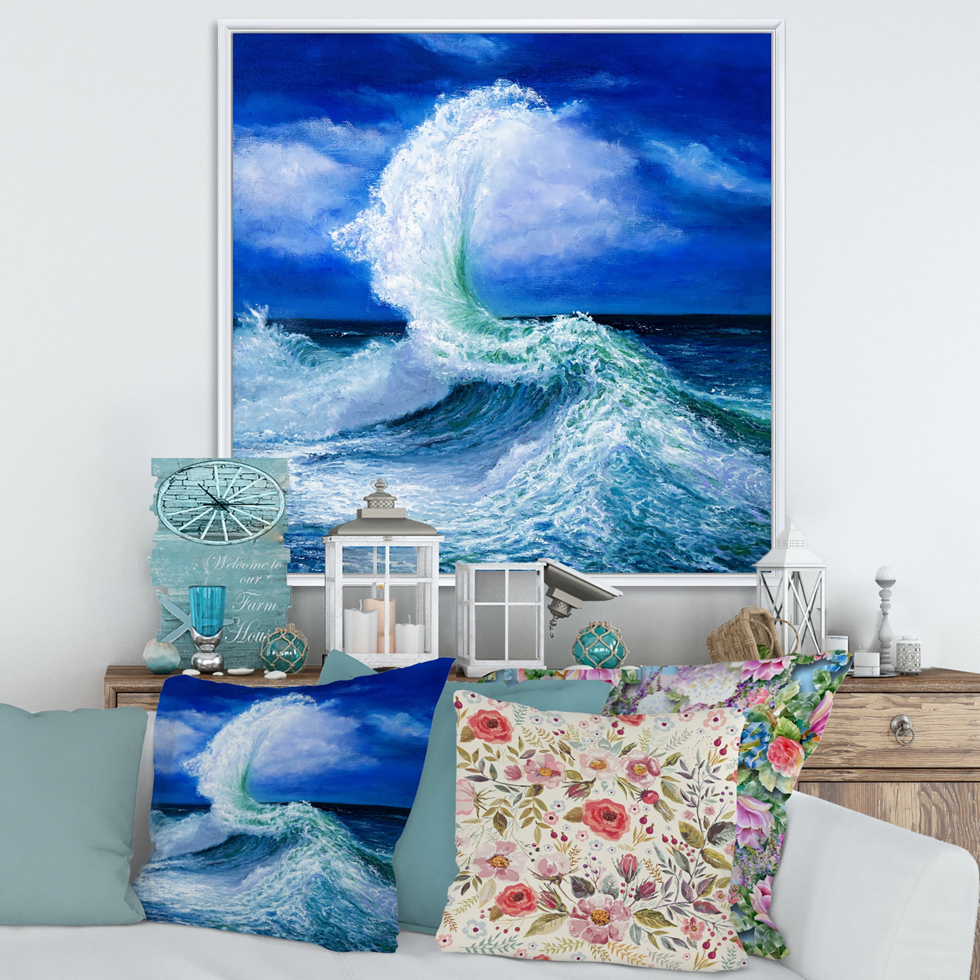 Designart 'Waves Breaking During Wild Blue Ocean Tide' Nautical & Coastal Framed Canvas Wall Art Print