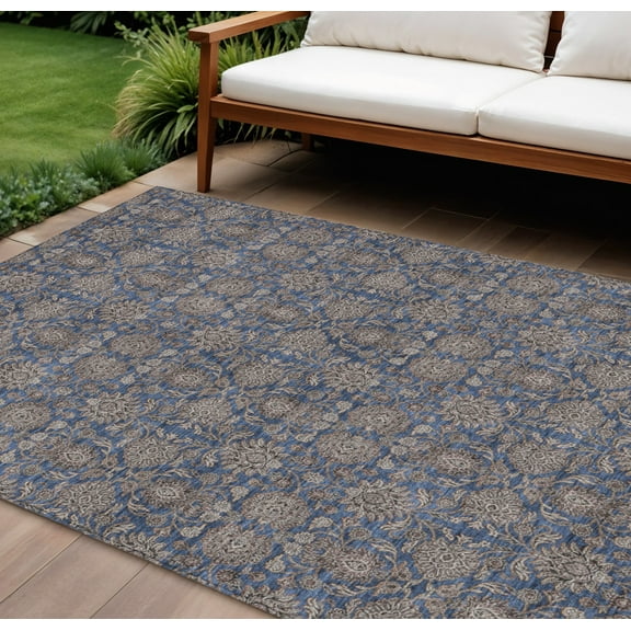 HomeRoots 582293 8 x 10 ft. Floral Washable Indoor & Outdoor Rectangle Area Rug, Navy Blue, Beige & Taupe