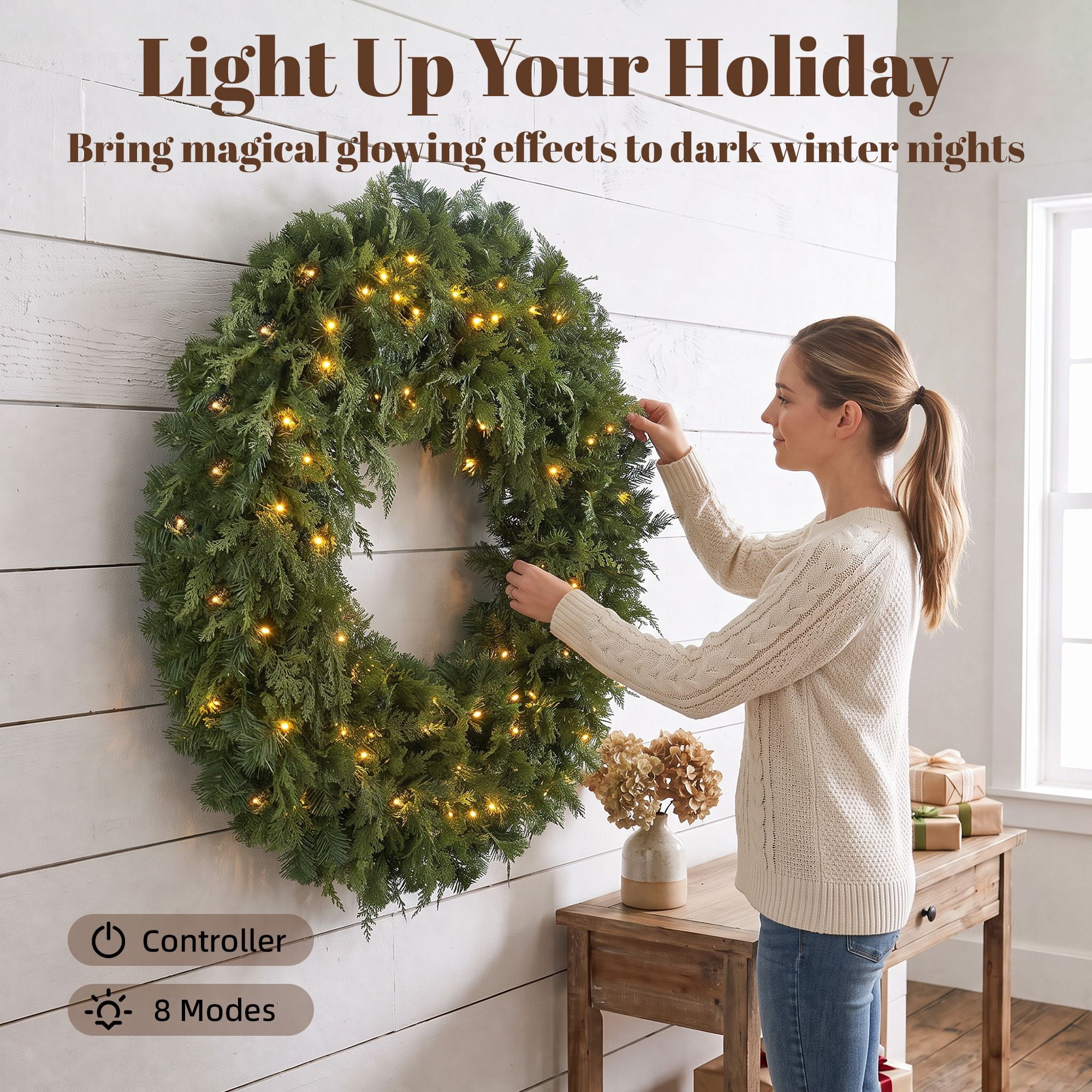 Pre-Lit Artificial Christmas Wreath, 48 in Cedar Design with 150 Warm White LED Lights, 8 Modes, 550 Tips, Indoor and Covered Outdoor Use