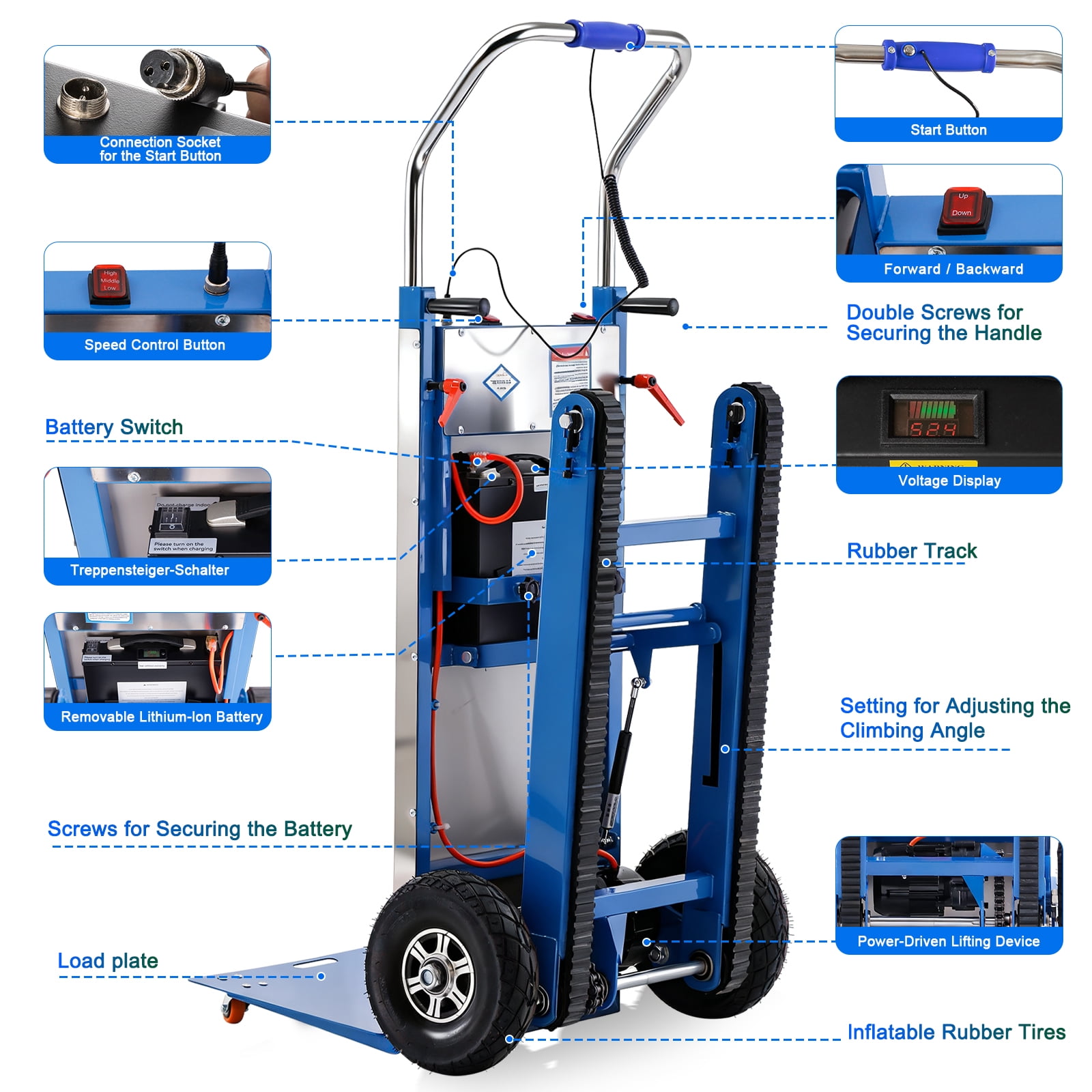 Esheno Electric Stair Climbing Hand Truck 900 lb Capacity 1250W Motor Heavy Duty Stair Climber Blue