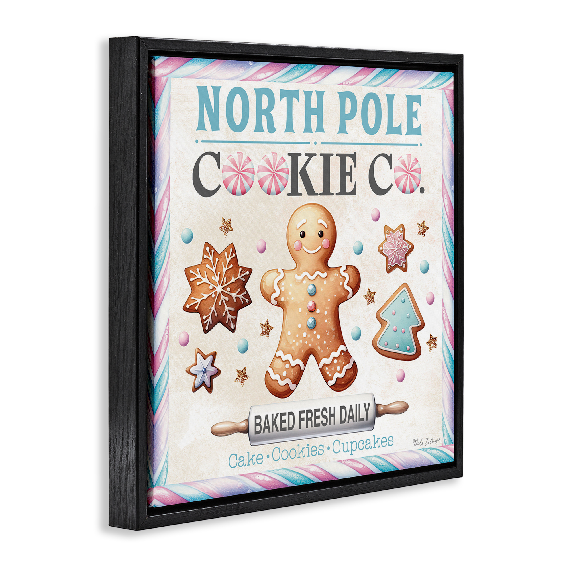 Stupell Industries Gingerbread Cookie Co Holiday Painting Black Floater Framed Canvas Art Prints Wall Art, 18 x 18