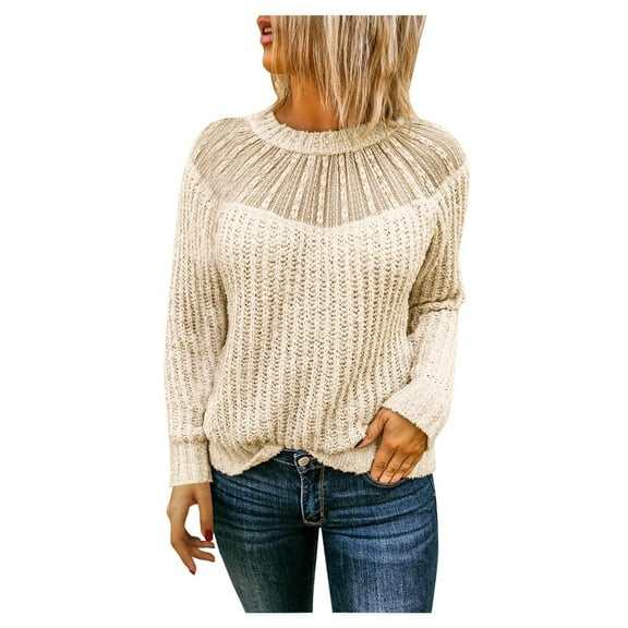 Lace Crochet Sweaters for Women Trendy Solid Color Knitted Sweater Tops Casual Crewneck Long Sleeve Blouse