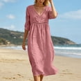 thumbnail image 2 of Bysome Women Dresses Solid Color 3/4 Sleeve V-Neck Flowy Dress Summer Fashion Women Dress Size 3XL Red, 2 of 8