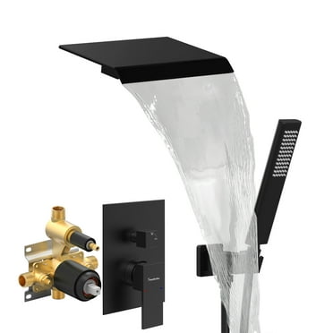 Matte Black Waterfall Bathtub Shower Faucet Set with Hand Shower, Wall Mount Tub Shower System, Solid Brass Rough-in Valve Included - Perfect for Male NPT Fittings and Modern Bathrooms