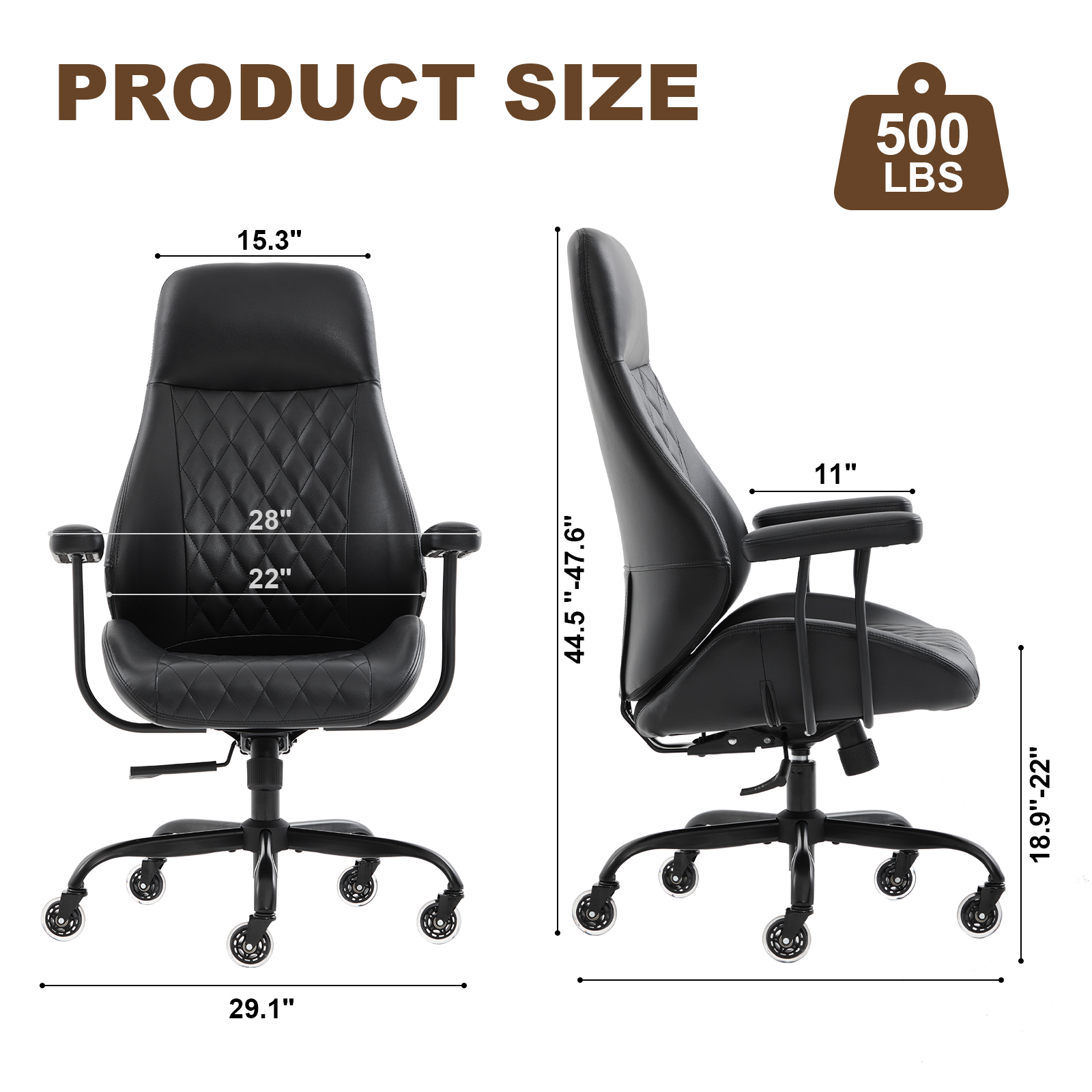 E-Motie Home Office Desk Chair, Ergonomic High Back Leather Computer Chair with Lumbar Support, Adjustable Height & Recline, Swivel Executive Office Chair with Armrests and Rubber Casters, Black