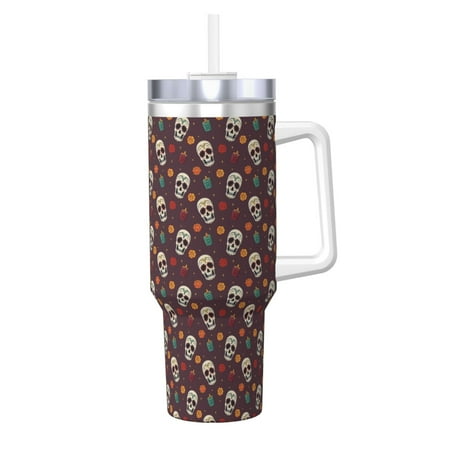 

Goofa Skull colorful flower Print 40oz Ice Bully With Handle And Straw Stainless Steel Vacuum Insulated Cup And 2 In 1 Straw Lid