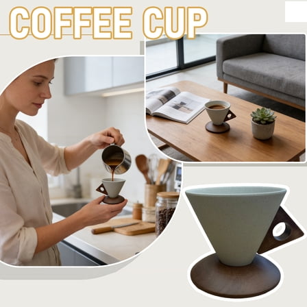 Drmagihm Creative Cone Shaped Coffee Mug with Wooden Stand, Japanese Style Retro Ceramic Tea Cup & Saucer Set, Handcrafted Latte Art Tumbler Gift (Creamy White)