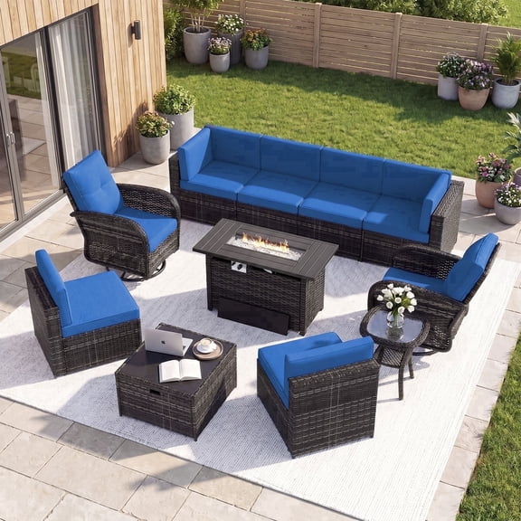 Dateyes 11 Pieces Patio Conversation Set, Rattan Wicker Outdoor Sectionals with Swing Chairs and Fire Pit Table, Blue/Gray