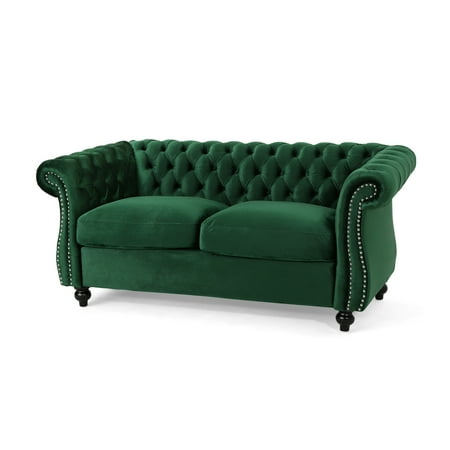 Noble House Aaniya Velvet Tufted Chesterfield Loveseat Sofa, Emerald