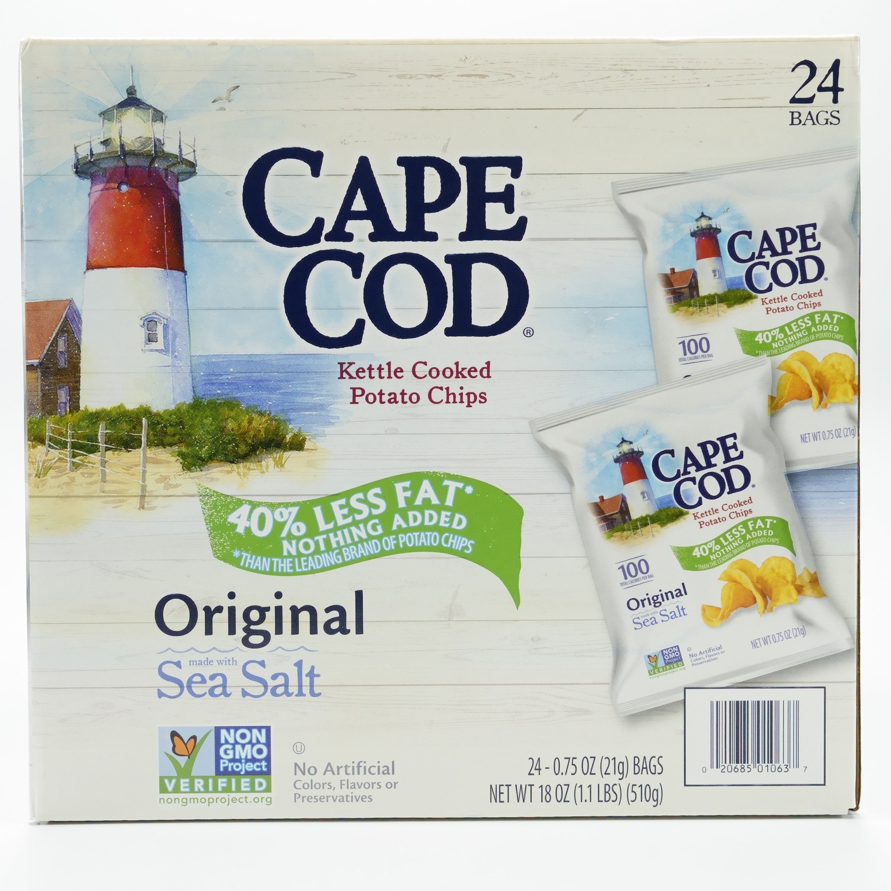 Cape Cod Kettle Cooked Potato Chips, Original Flavor, 40% Reduced Fat, 24 - 0.75 oz Bags.