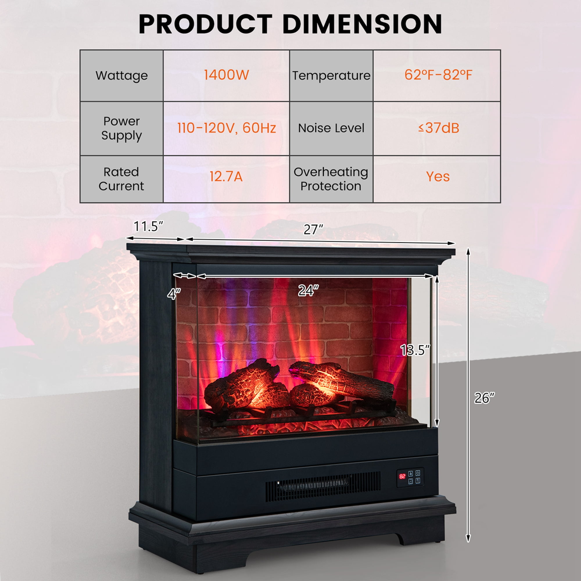 Costway 27'' LED Electric Fireplace Heater, Freestanding