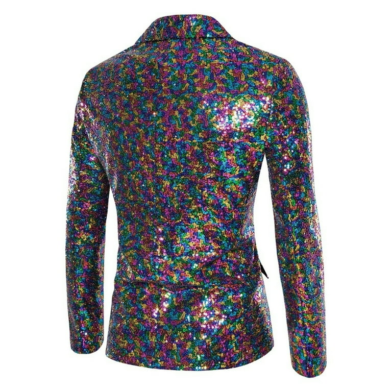Ploknplq Men s Blazer Shiny Sequin Blazers Tuxedo Party Dinner Prom One Button Suit Jacket Purple L Walmart