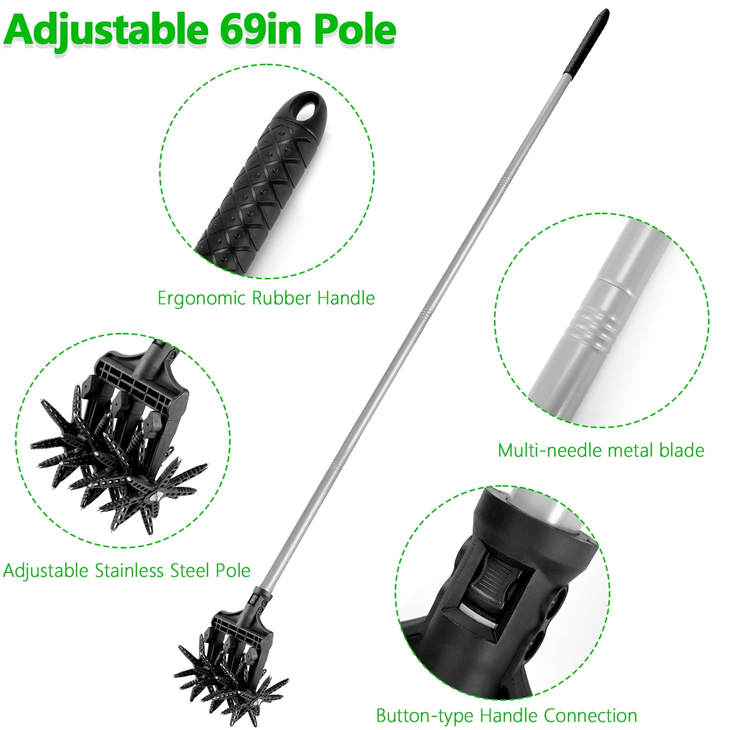 Kidsjoy 69in Manual Hand Tiller,2-in-1 Lawn Aerator Cultivator Tool with Adjustable Handle,42 Tines Stainless Steel Garden Tool for Soil Loosening Weeding Seeding Soil Mixing