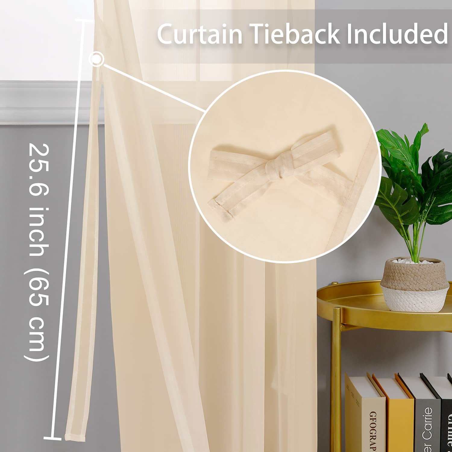 Hiasan Beige Sheer Curtains with Tiebacks-Light Filtering Contemporary Window Drapes for Living Room, Bedroom, Grommet, 52" x 84", Set of 2
