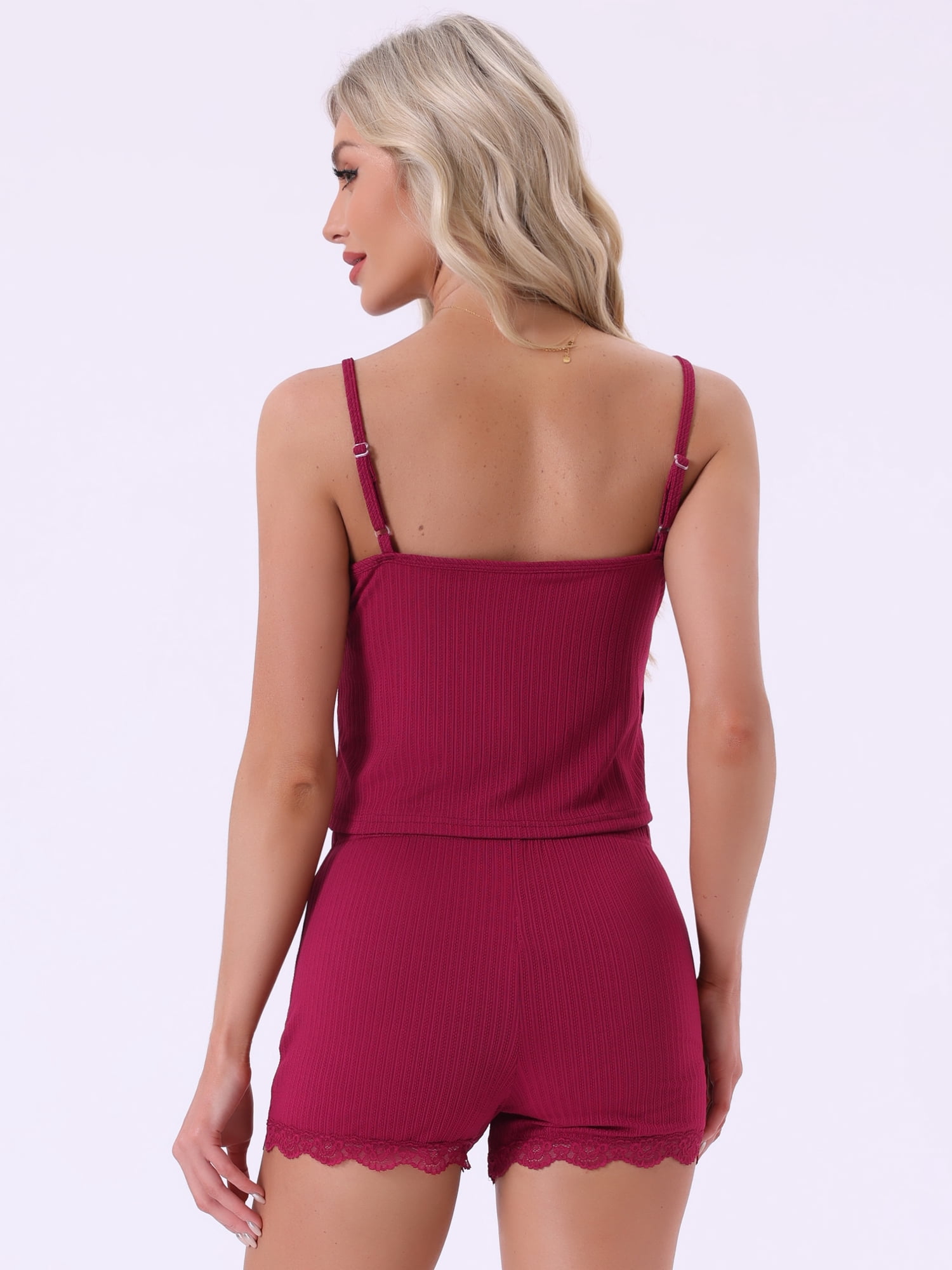 DARING DIVA Women's Pajamas Ribbed Knit Lace Trim Camisole Tank Top with Shorts XL Red