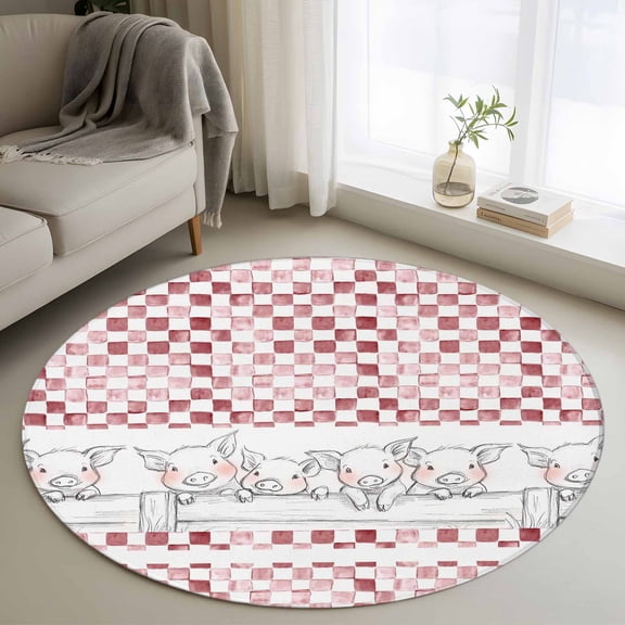Round Area Rugs Collection 4 Ft, Red Plaid Farmhouse Non-Slip Residential Carpet, Watercolor Cute Country Pigs Checkered Indoor Crawling Mats Runner Rugs for Living Room/Dining Room/Bedroom