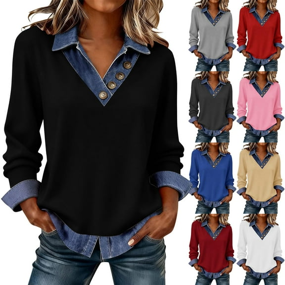 Sweaters for Women Denim Lapel V Neck Buttons Closure Casual Long Sleeve Cable Knit Loose Pullover Sweater