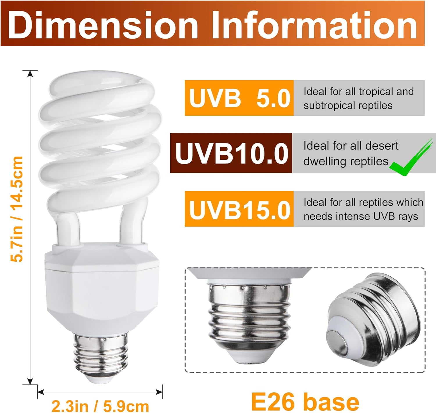UVB Reptile Light Bulb, UV Spiral Compact Fluorescent Terrarium Lamp for Desert Reptiles - 2 Pack