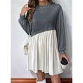 thumbnail image 6 of Women'S Color Block Round Neck Long Sleeve Ruffle Hem Casual A Line Short Dress Dark Gray L, 6 of 7
