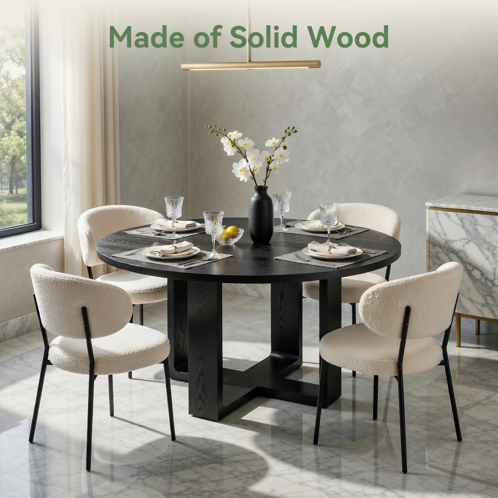 Hommoo 47-Inch Round Solid Wood Dining Table, Sturdy Cross-Base Kitchen Table for 4 to 6 People, Farmhouse & Modern Style, Black