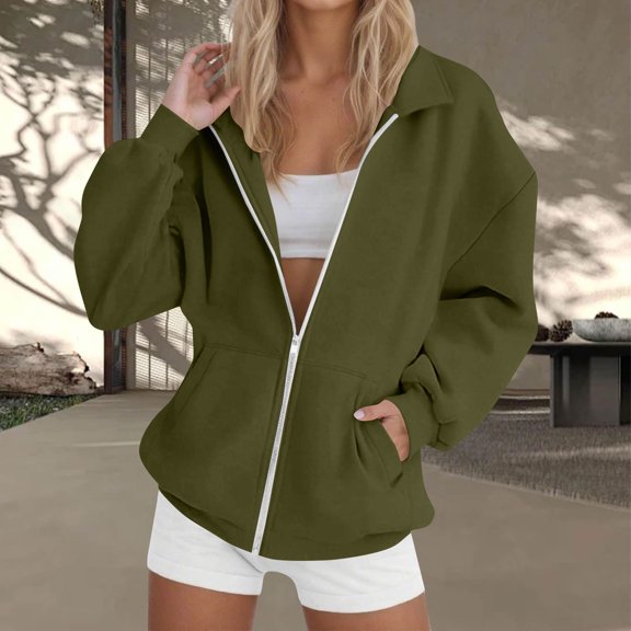 Guieoi Plus Size Jackets for Women Women Sweatshirt Zip Up Fall Fashion Turn Down Collar Long Sleeve Jackets Winter Clothing Outfits Green