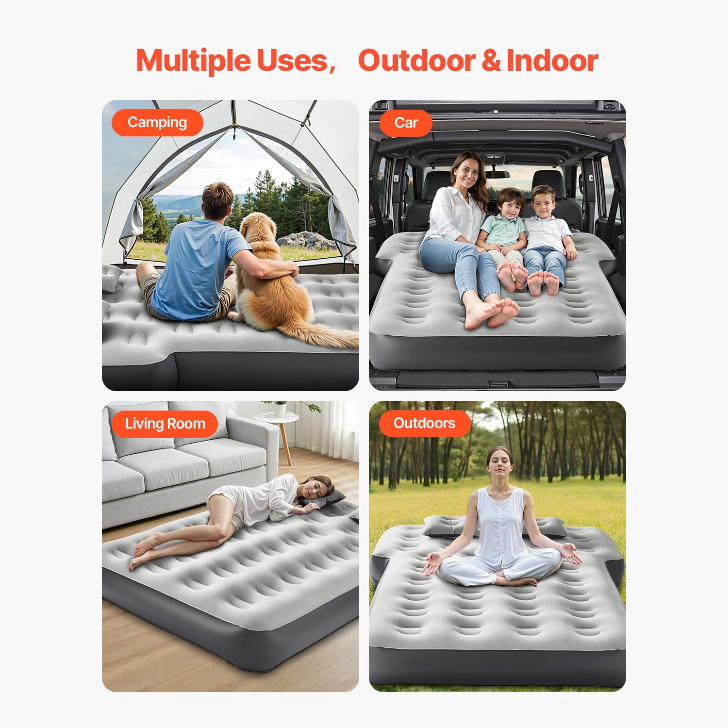 Car Air Mattress, Fits Toyota 4runner, Jeep Wrangler, Inflatable Car Camping Mattress, Flocking Thickened Blow Up Travel Beds, Durable Portable Sleeping Pad with Built in Pump, 2 Pillows, Gray