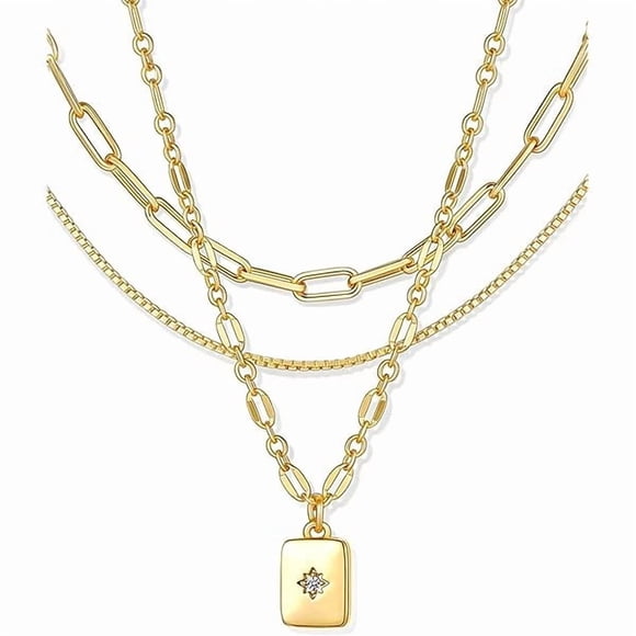 ccwmincc Layered Gold Necklaces for Women Trendy, 3 Pcs 14K Gold Plated Choker Paperclip Box Chain Necklace, Stackable Women's Gold Pendant Necklaces Jewelry Set