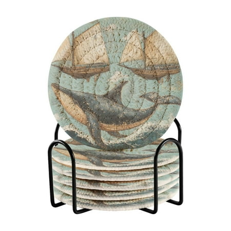 

WOBOGO Whales Swim with Sailboats Coil Coasters Set of 6 Minimalist Cotton Woven 3.94 inch Non-Slip Insulated and Absorbent Home Accessories.