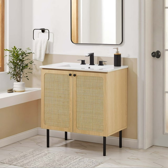 Modway Chauves-Souris 30 Pouces Meuble-Lavabo de Salle de Bain en Bois et Rotin Chêne/blanc