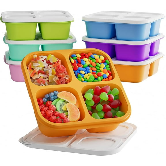 Bento Lunch Box Snack Container with Dividers,6 Pack AILKIN 600ML Bento Snack Containers for Adults Food Storage Containers Tray with Lid 4 Compartments Snackle Box for Traveling,Multicolor