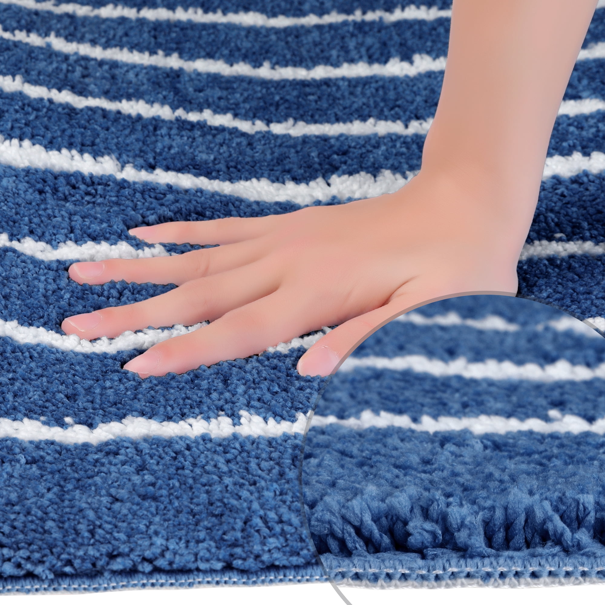 Unique Bargains Striped Bathroom Rug Non-Slip Fluffy Bath Carpet Water Absorbent Bathmat Dark Blue 20" x 32"
