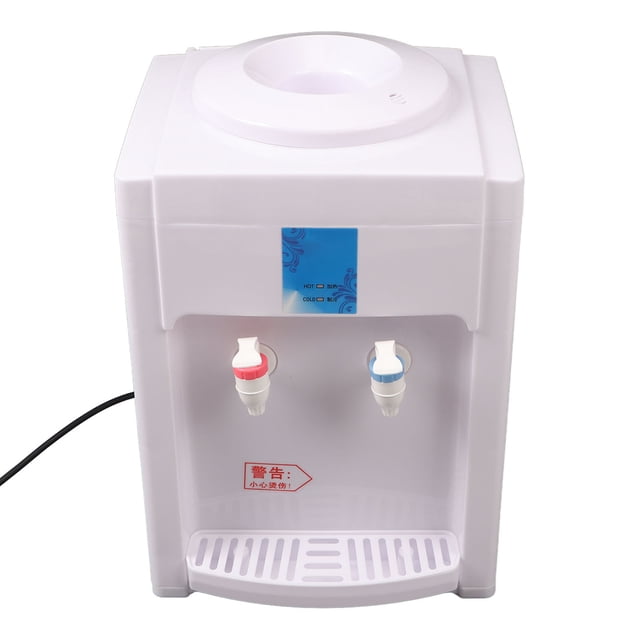 dispensador de agua que ahorra energía, barril de carga superior, dispensador de agua para encimera, dispensador de agua de barril probado profesionalmente — dispensador de sobremesa blanco en ABS, vista frontal centrada; diseño compacto de 42 x 29 x 26.5 cm con abertura superior para colocar el barril, panel frontal con dos grifos plásticos señalados en rojo (caliente) y azul (frío), bandeja recolectora extraíble y cable de alimentación; operación con un solo botón, ahorro de energía y protecciones contra desbordes y quemado en seco según especificaciones. Suele utilizarse en oficinas pequeñas o para servir agua en mesas de eventos.