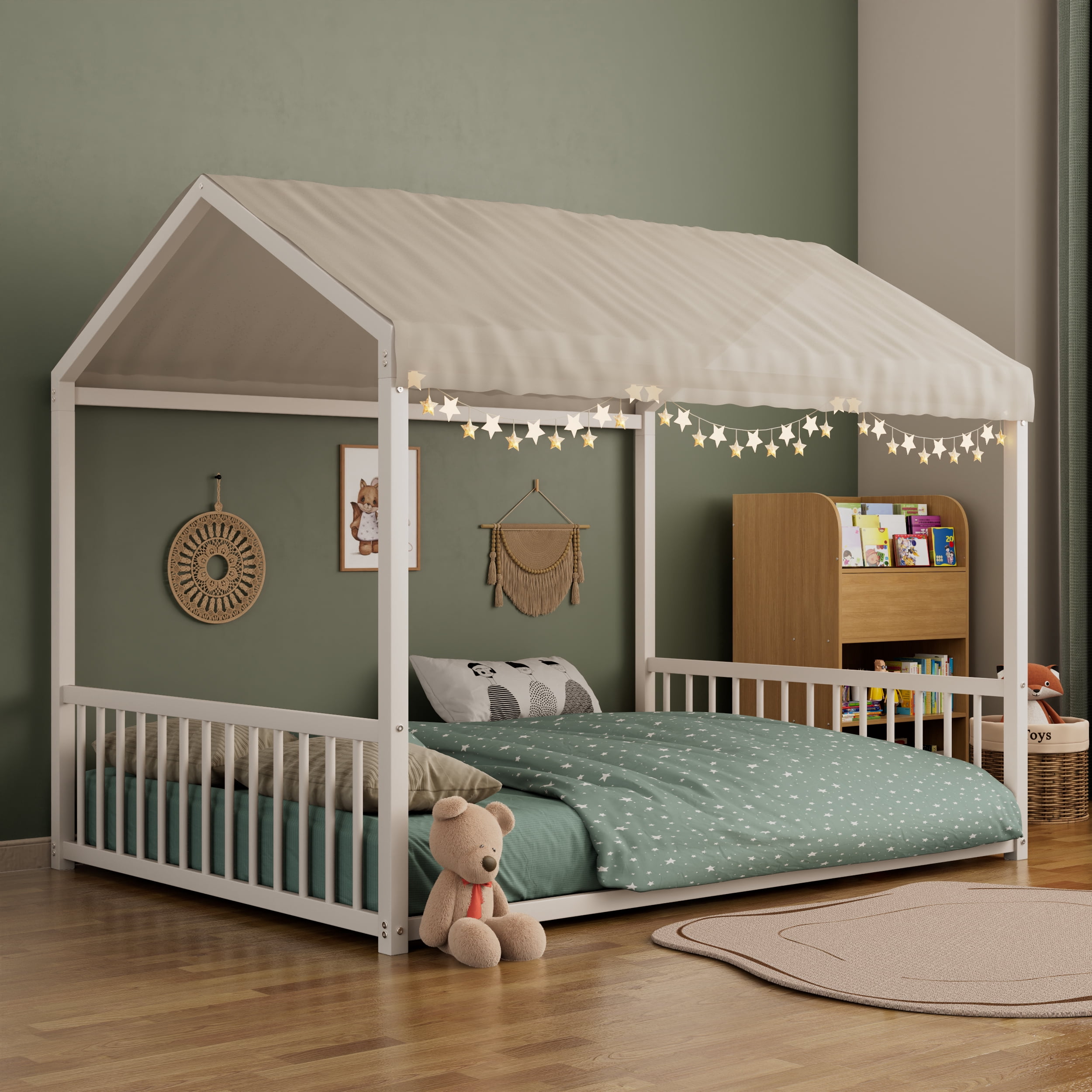 Euroco Metal Full Size Canopy Bed, Low Profile House Bed with Guardrails, White