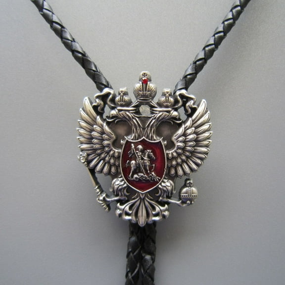 Vintage Silver Plated Russian Empire Eagle Bolo Tie Leather Necklace