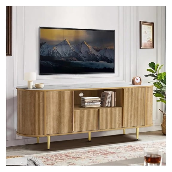 63" Fluted TV Stand for TVs Up to 75 inches, Modern Entertainment Center with Cord Management, TV Console with Adjustable Shelves and Faux Marble Top, Media Console for Living Room (Natural)