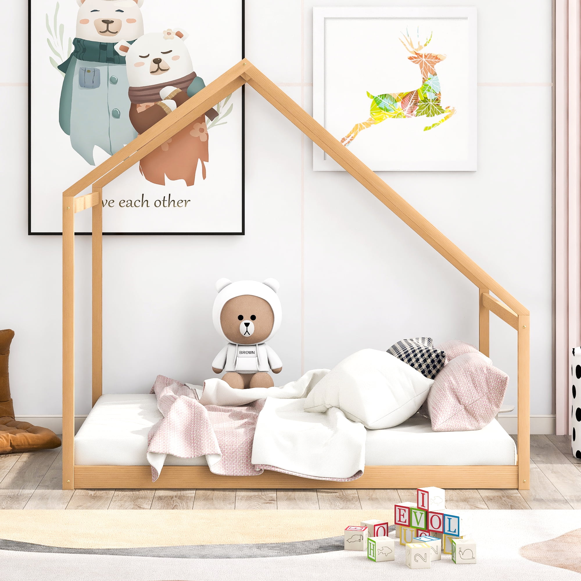 Gewnee Wood House Bed,Full Size Montessori Wood Bed Frame with Roof for Kids Toddlers,Natural