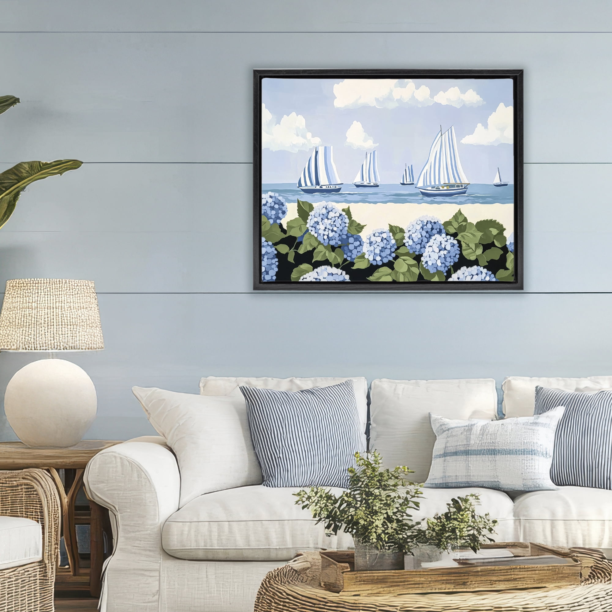 Stupell Industries Striped Sails & Seaside Hydrangeas Black Framed Floater Canvas Wall Art, design by Sisi and Seb