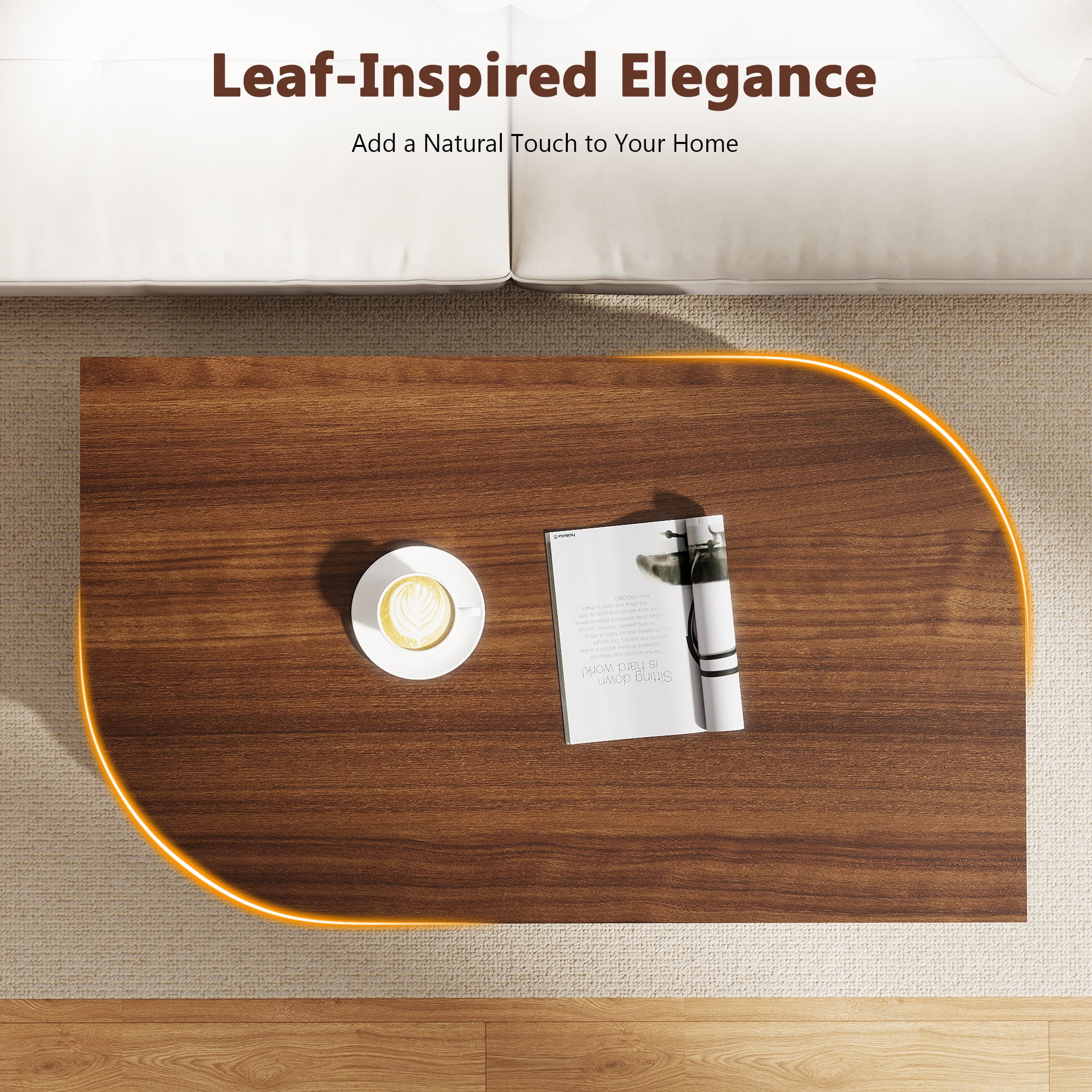 Anrist Wood Coffee Table with Storage & Fluted Sliding Doors for Living room, Unique Leaf-Shaped Design, Walnut