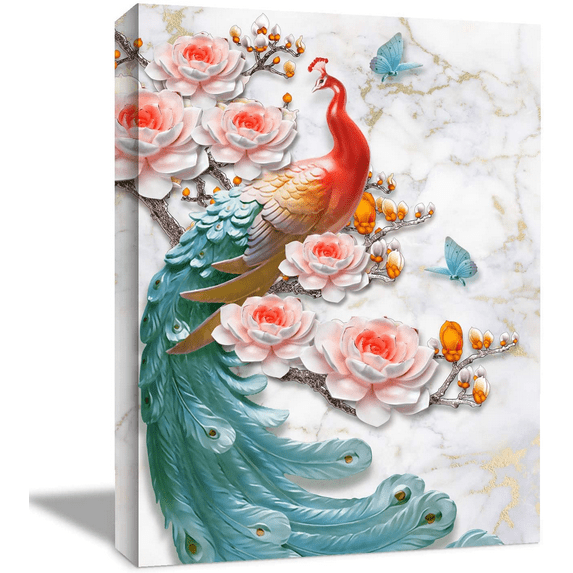 Rosework Framed Canvas Wall Art, 16x24 Inch, Red Peacock on Branch, Made In USA