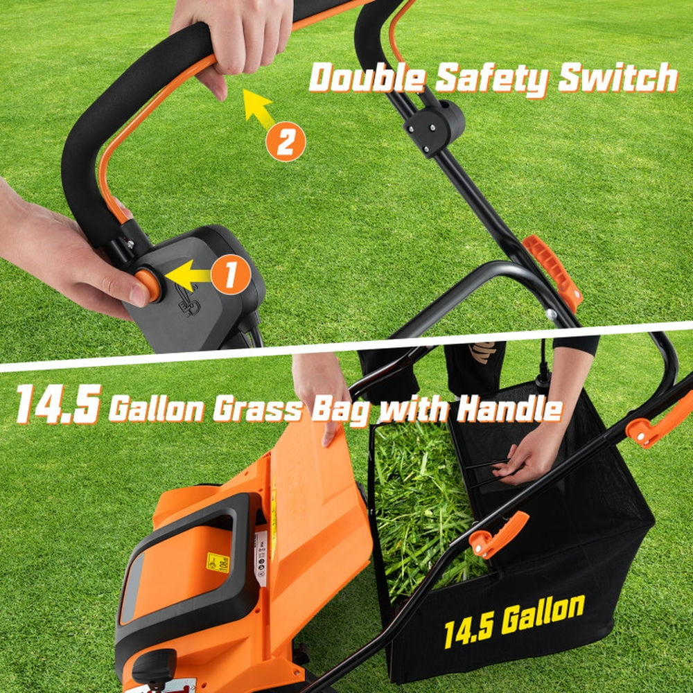 Topcobe 16" Electric Lawn Dethatcher and Scarifier with Collection Bag, Walk Behind for Yard Lawn Garden Care, Orange