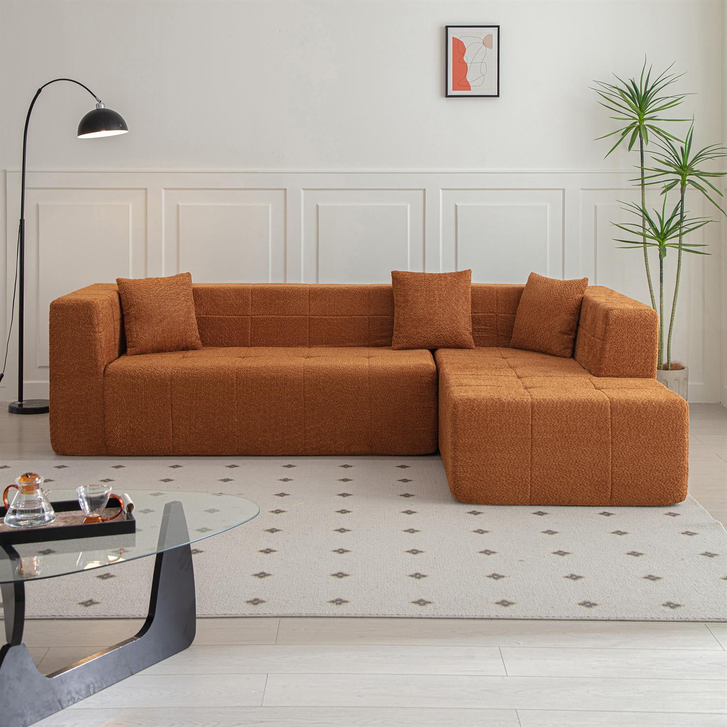 Demi Bonn 105" L-Shaped Modular Sectional Sofa Set with Chaise, Deep Seat Tufted Floor Couch for Living Room Decor, Orange