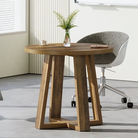 Tribesigns Round Conference Table for 2-4 People, 31.5-Inch Small Wooden Office Table with Sturdy Base, Farmhouse Home Office Meeting Desk for Small Spaces, Rustic Brown