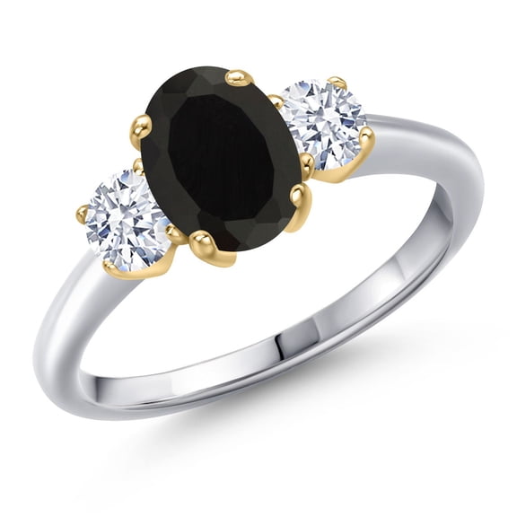 Gem Stone King 925 Silver and 10K Yellow Gold Black Onyx and White Zirconia Engagement Ring for Women | 2.10 Cttw | Oval 8X6MM | Gemstone December Birthstone | Size 5