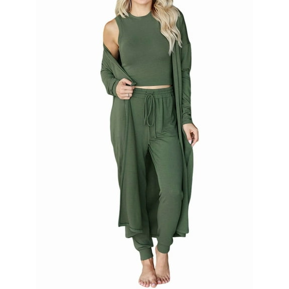 3 Piece Lounge Sets for Women Airplane Travel Outfits 2025 Fall Cardigan Sleeveless Top Pants Sets  Green XL