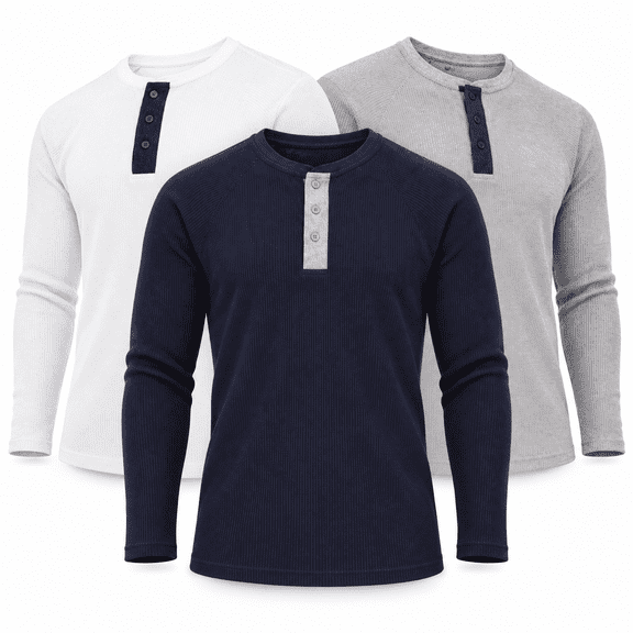 DARESAY [4-Pack] Men's Thermal Crew Long Sleeve Henley Tops Base Layer Shirt (Up To Size 3XL)