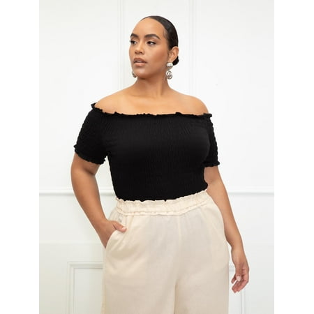 ELOQUII Elements Women's Plus Size Smocked Off The Shoulder Tee
