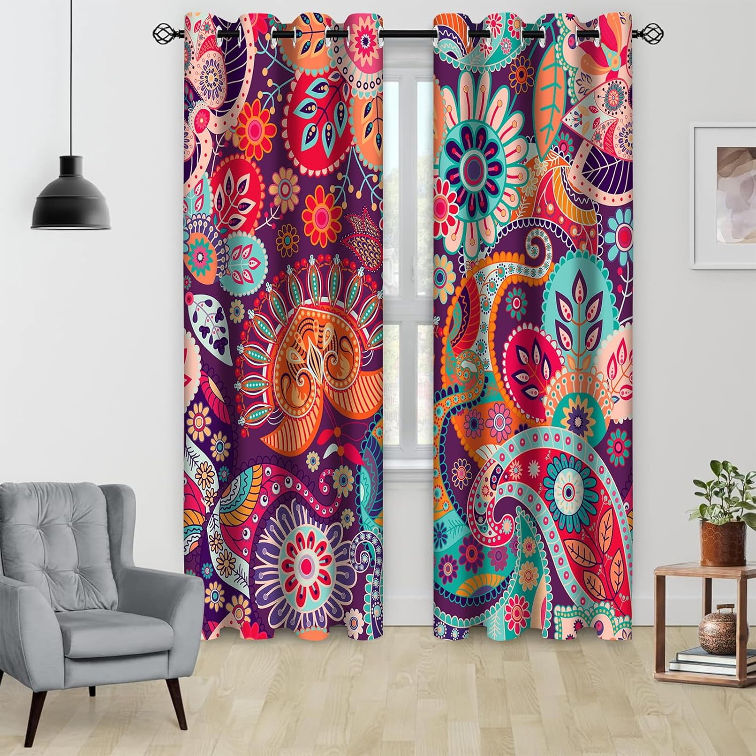 Boho Floral Blackout Window Curtains, Colorful Mandala Flower Aesthetic Art Living Room Bedroom Decor Insulated Thermal Curtain Darkening Grommet Window DrapesTreatments, 2 Panels 52x84 Inch